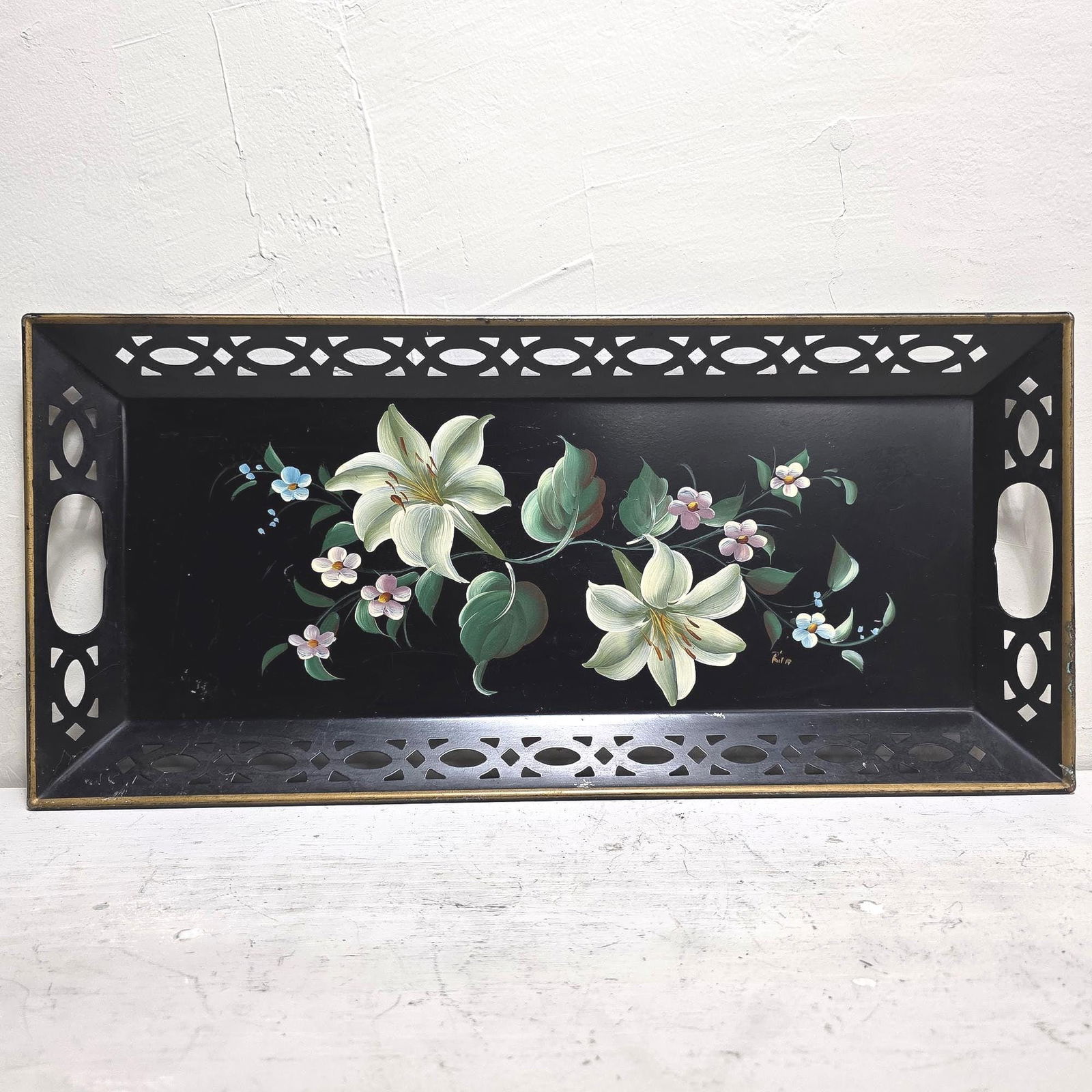 Vintage Metal Floral Toleware gallery wall serving tray, hand painted lilies flowers hostess drinks (1 of 10)