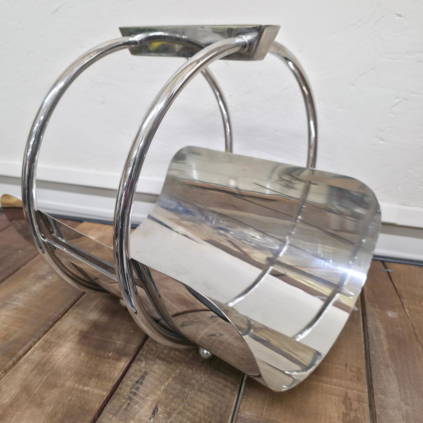 Global Views Machine Age Caddy, Chrome Magazine Rack Log Holder, Art Deco Style Modern Fireplace - 3