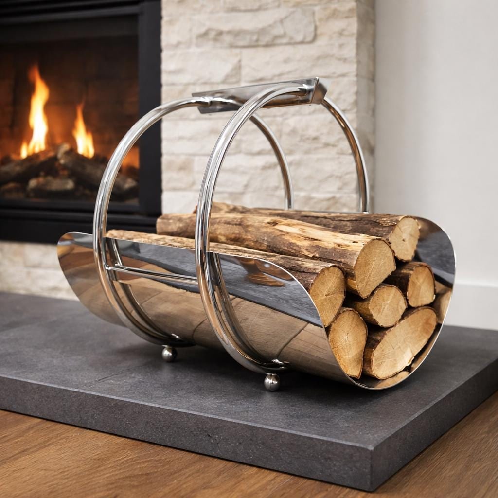 Global Views Machine Age Caddy, Chrome Magazine Rack Log Holder, Art Deco Style Modern Fireplace - 5