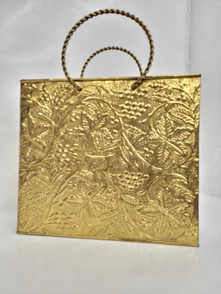 Vintage brass magazine rack, embossed foliate Indian export fireside paper holder, twisted rope (1 of 10)