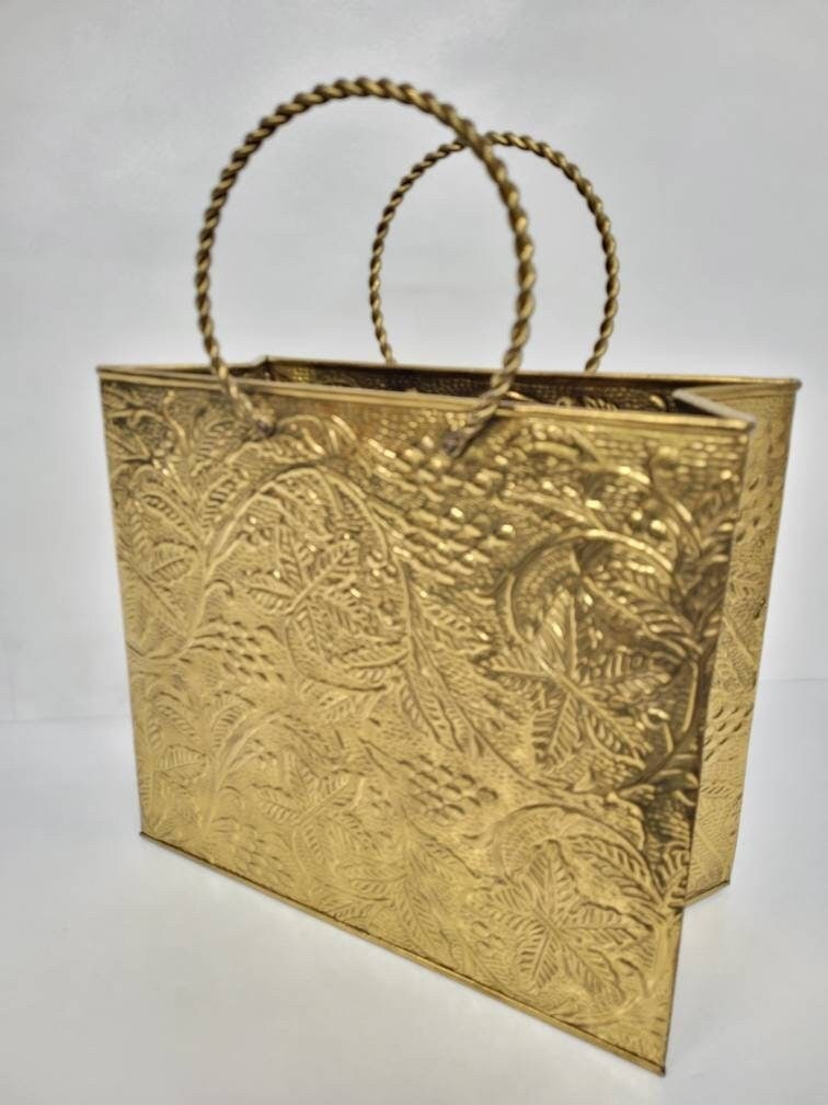 Vintage brass magazine rack, embossed foliate Indian export fireside paper holder, twisted rope - 4