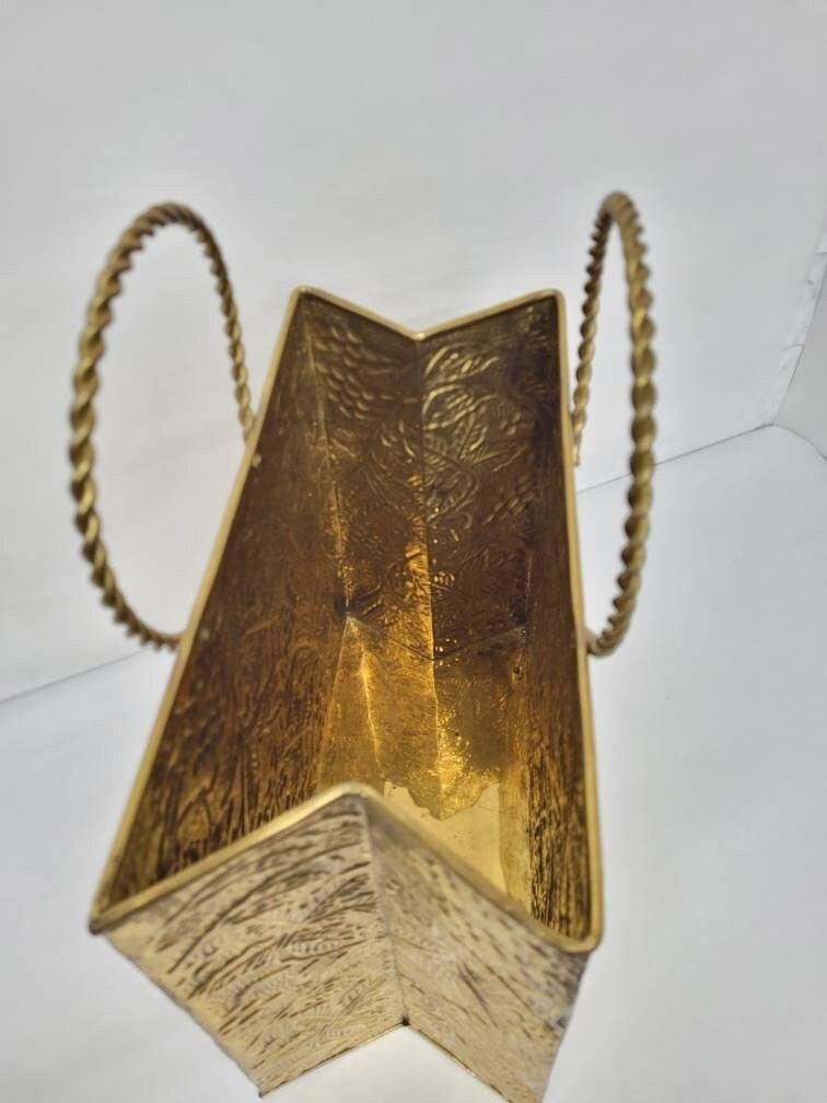 Vintage brass magazine rack, embossed foliate Indian export fireside paper holder, twisted rope - 6