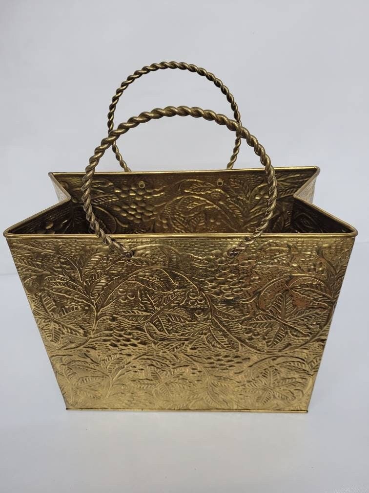 Vintage brass magazine rack, embossed foliate Indian export fireside paper holder, twisted rope - 8