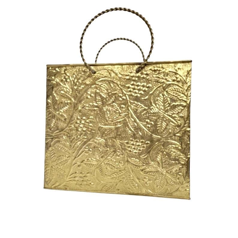 Vintage brass magazine rack, embossed foliate Indian export fireside paper holder, twisted rope - 9