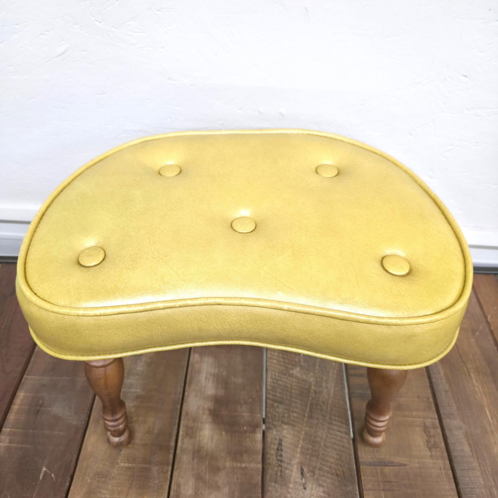 Mid century vinyl kidney footstool, bean stool, golden yellow ottoman, turned wood legs (1 of 9)