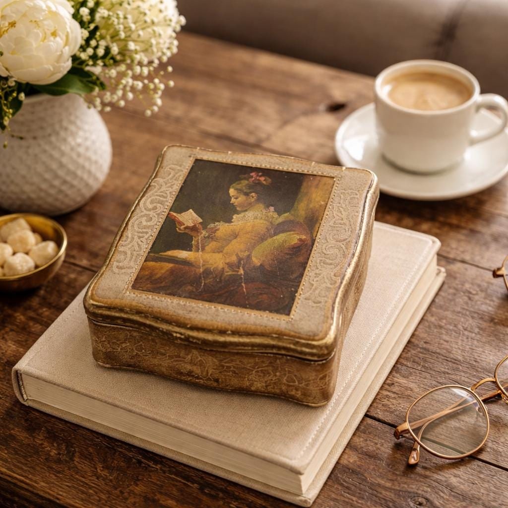 Vintage Gilt Gallery Japan Trinket Box, Old Master Woman Reading Print, Red Velvet Lined Jewelry - 10