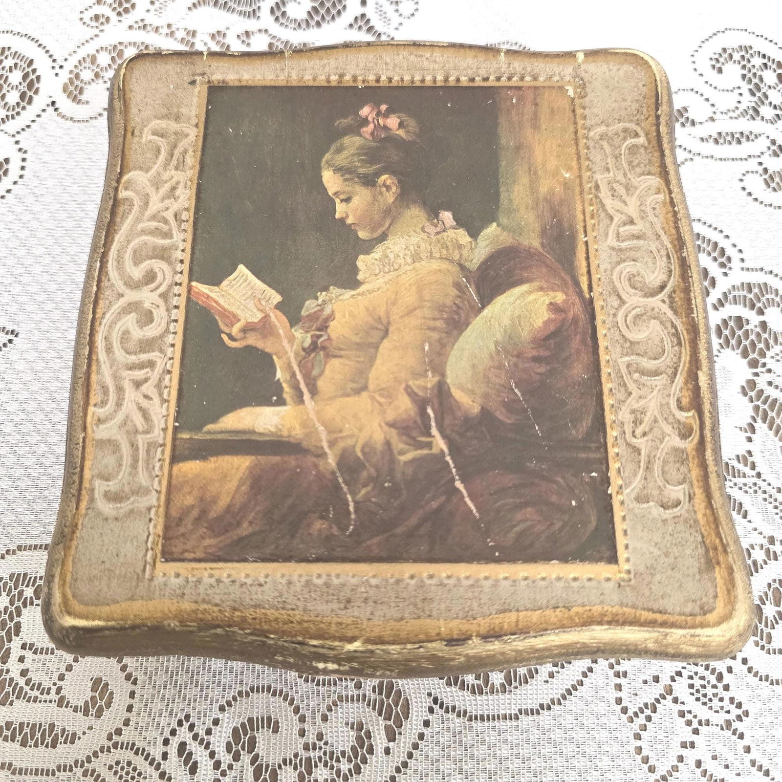 Vintage Gilt Gallery Japan Trinket Box, Old Master Woman Reading Print, Red Velvet Lined Jewelry (1 of 10)