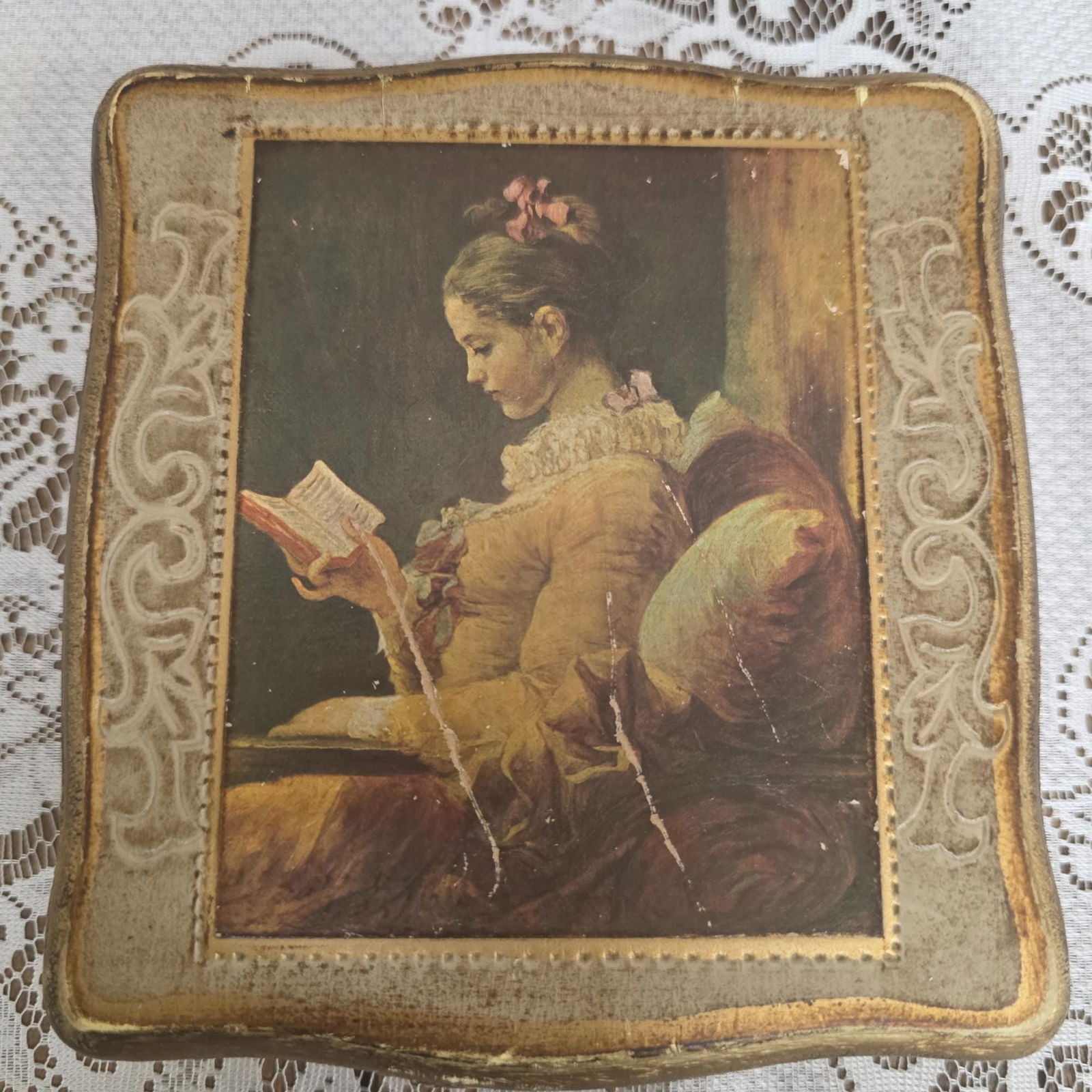 Vintage Gilt Gallery Japan Trinket Box, Old Master Woman Reading Print, Red Velvet Lined Jewelry - 3