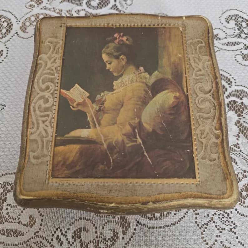 Vintage Gilt Gallery Japan Trinket Box, Old Master Woman Reading Print, Red Velvet Lined Jewelry - 8