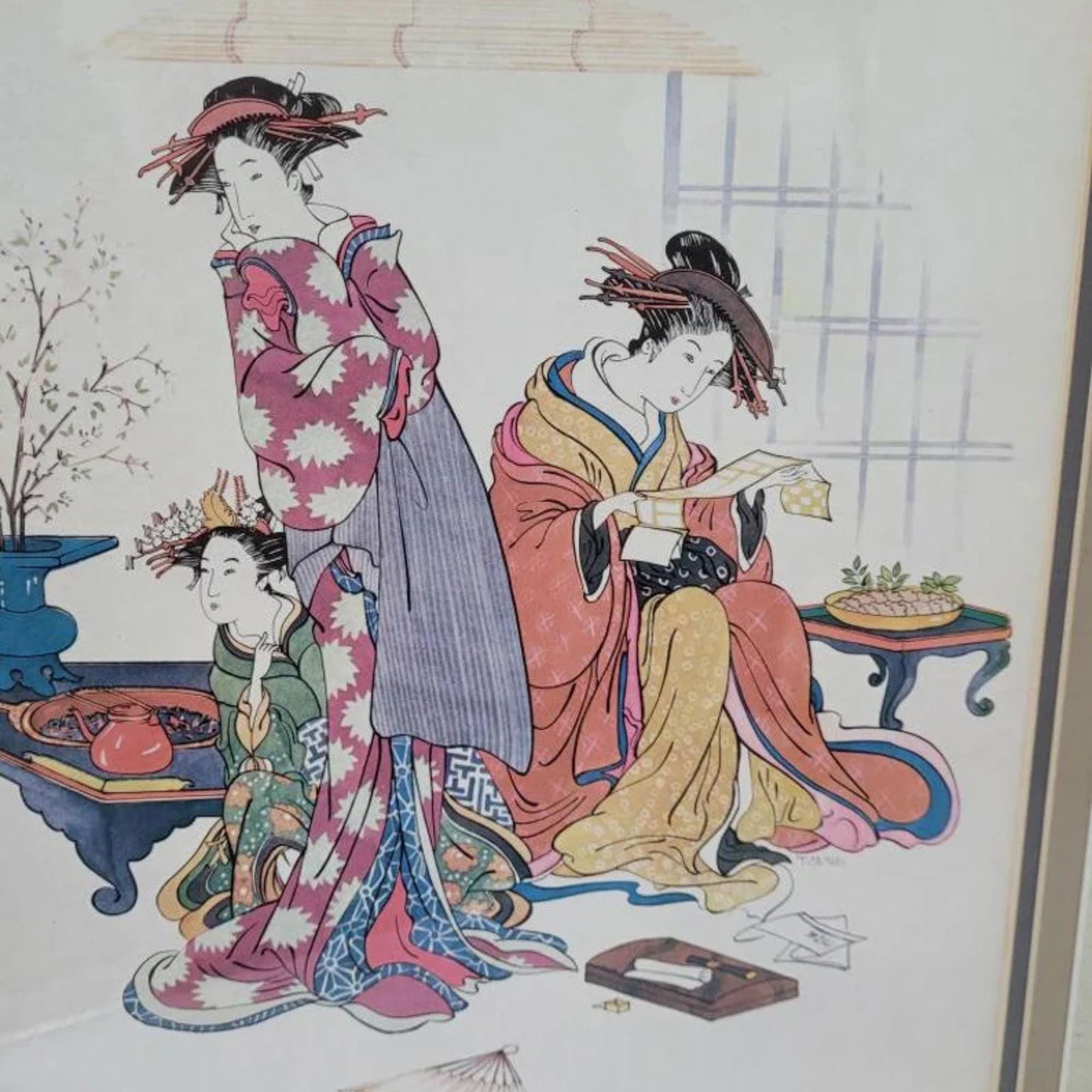 Vintage Asian Print Bamboo Gold Gilt Frame Hollywood Regency Hanging Wall Art Japandi Fun - 2