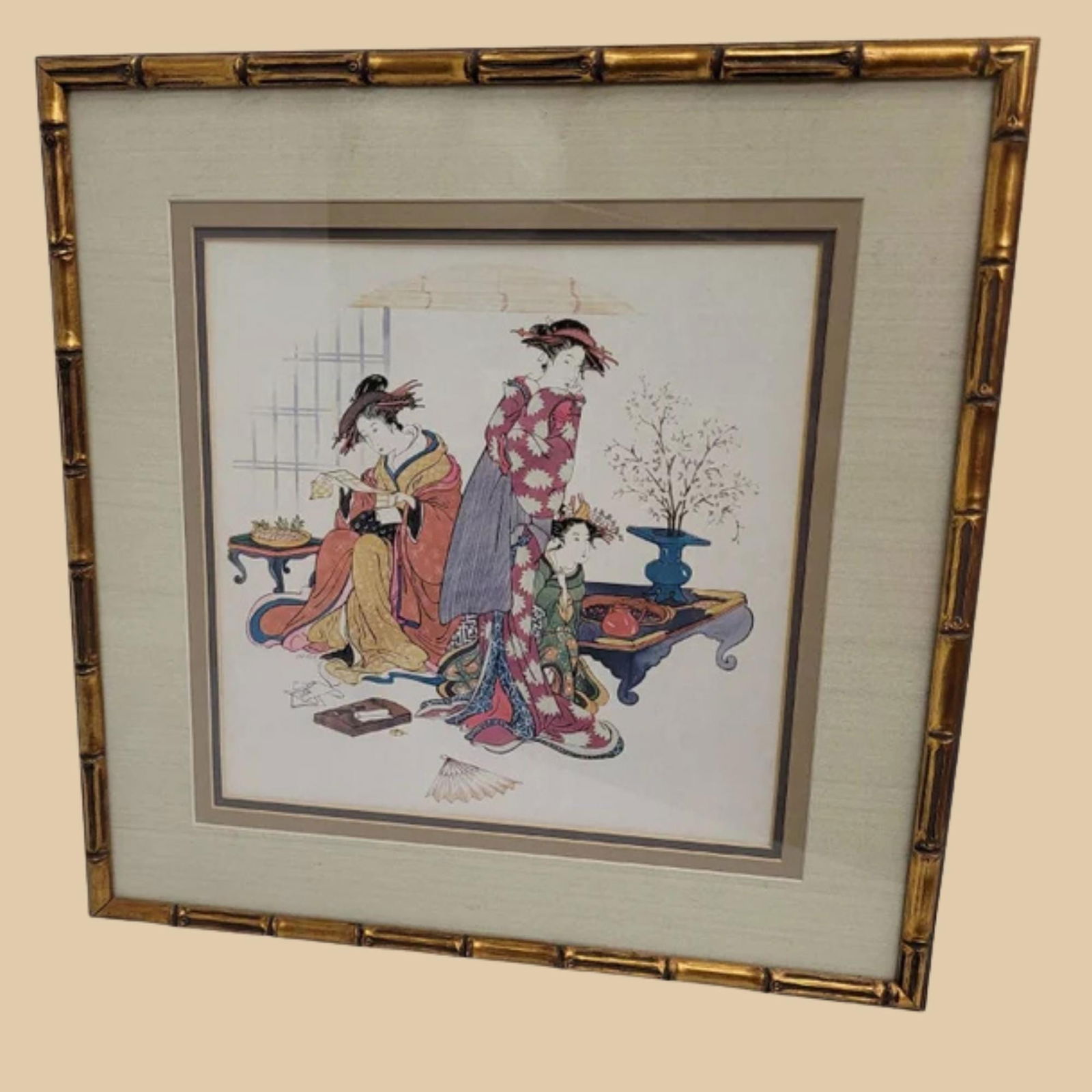 Vintage Asian Print Bamboo Gold Gilt Frame Hollywood Regency Hanging Wall Art Japandi Fun - 3