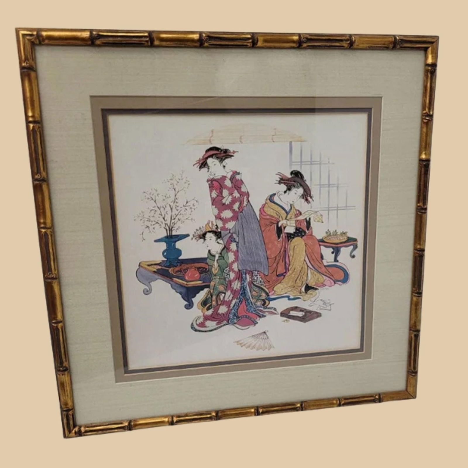 Vintage Asian Print Bamboo Gold Gilt Frame Hollywood Regency Hanging Wall Art Japandi Fun - 5