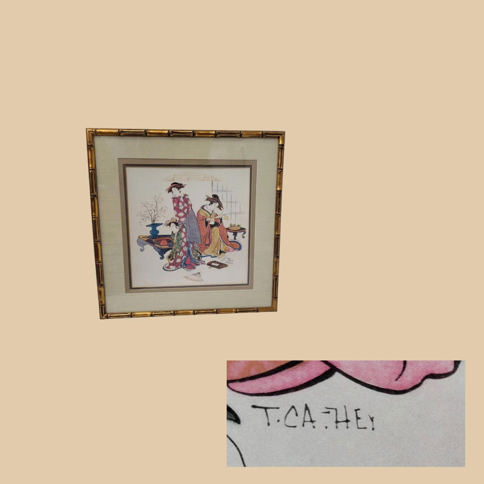 Vintage Asian Print Bamboo Gold Gilt Frame Hollywood Regency Hanging Wall Art Japandi Fun - 7