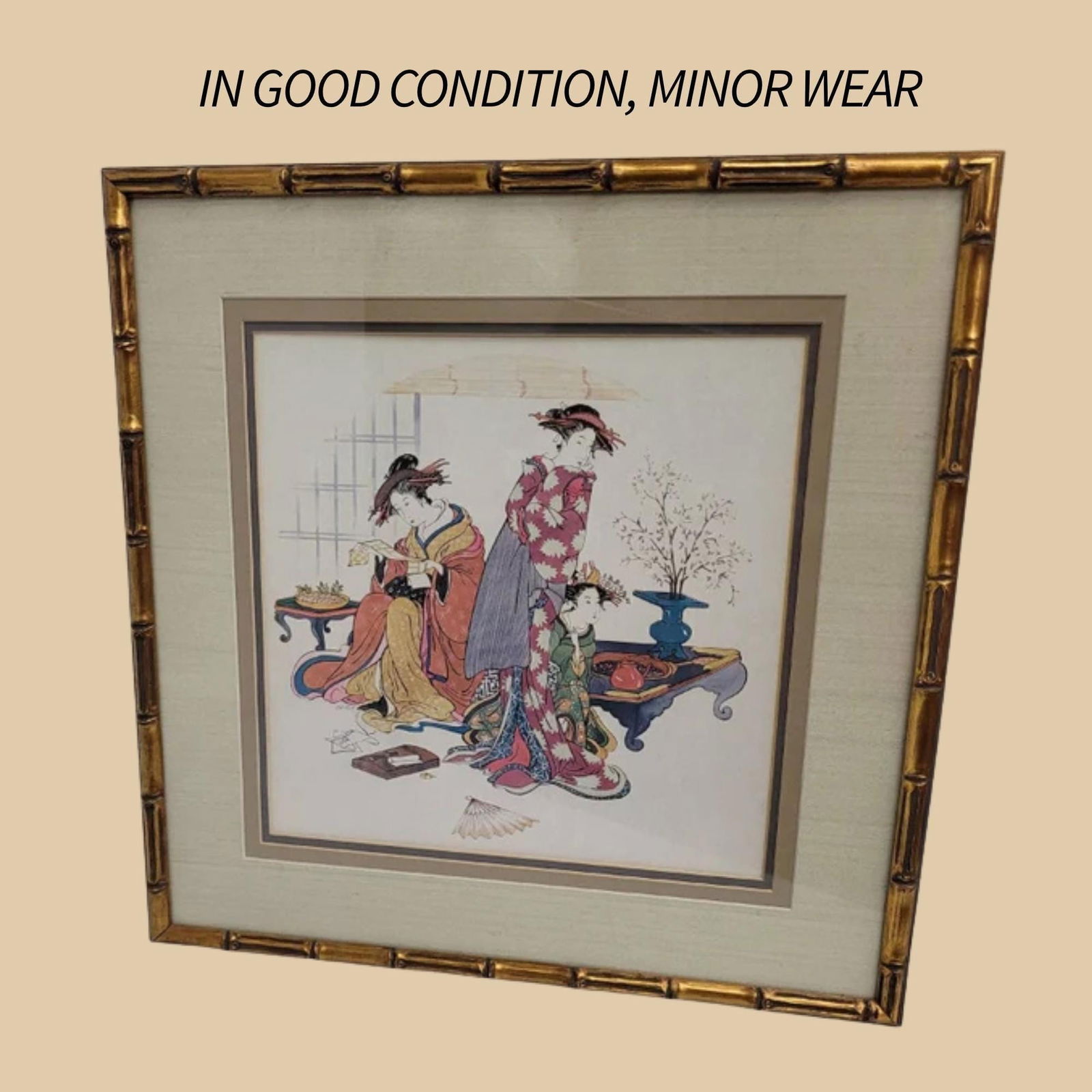 Vintage Asian Print Bamboo Gold Gilt Frame Hollywood Regency Hanging Wall Art Japandi Fun - 8