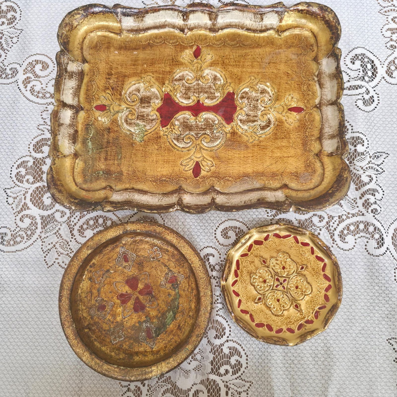 Vintage Italian Florentine Gilt Trays Set 3 Hollywood Regency Bar Cart Vanity Decor (1 of 10)