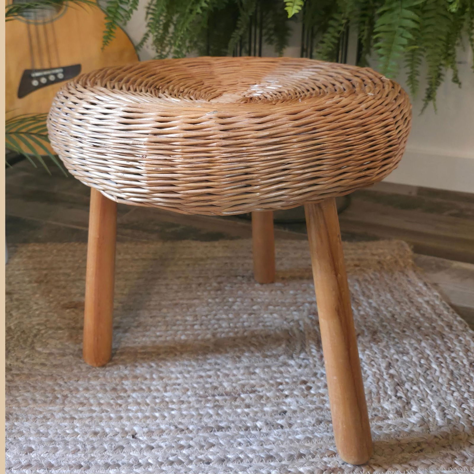 Vintage Mushroom Wicker Stool Tony Paul Style Mid Century Modern Boho Tripod Wood Ottoman Footstool (1 of 8)