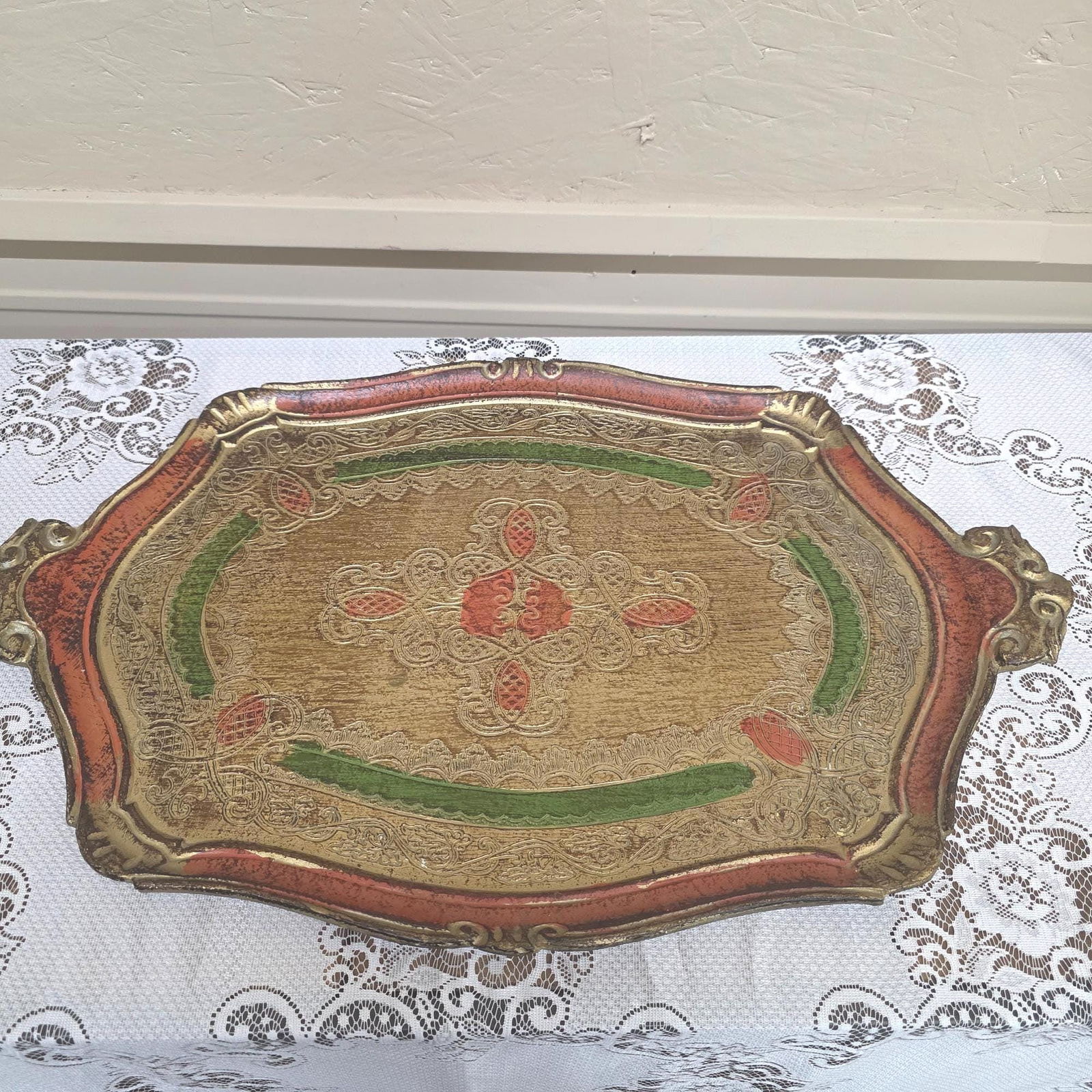 Vintage Florentine Tray 23" Hand Painted Server, Ornate Gold, Hollywood Regency Decor, Wall Hanging - 10