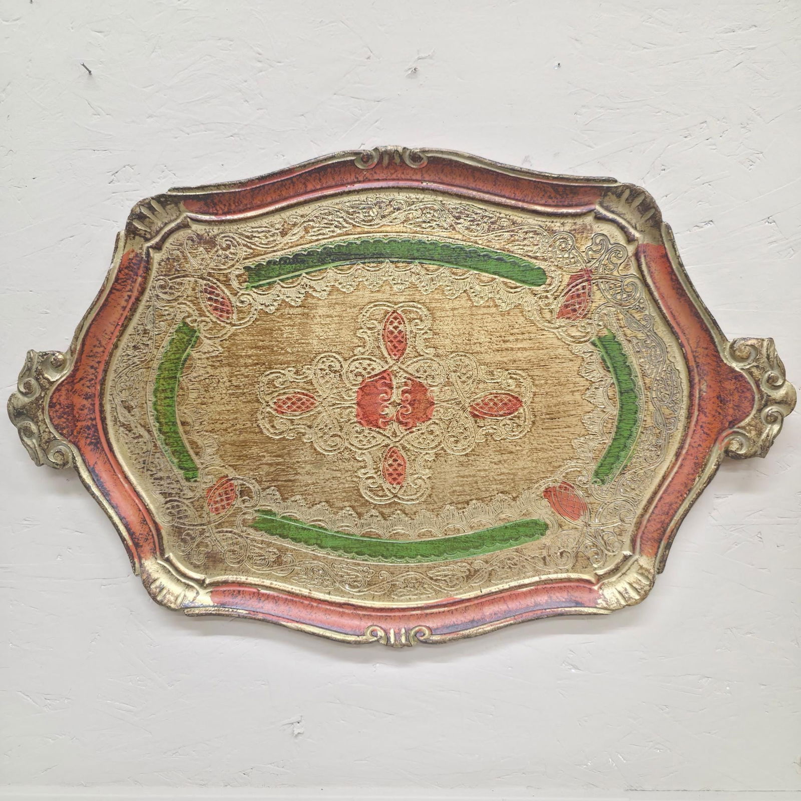 Vintage Florentine Tray 23" Hand Painted Server, Ornate Gold, Hollywood Regency Decor, Wall Hanging: Title: Vintage Florentine Tray 23" Hand Painted Server, Ornate Gold, Hollywood Regency Decor, Wall Hanging Grouping Description: Vintage Florentine tray with hand-painted accents in coral/red and gree