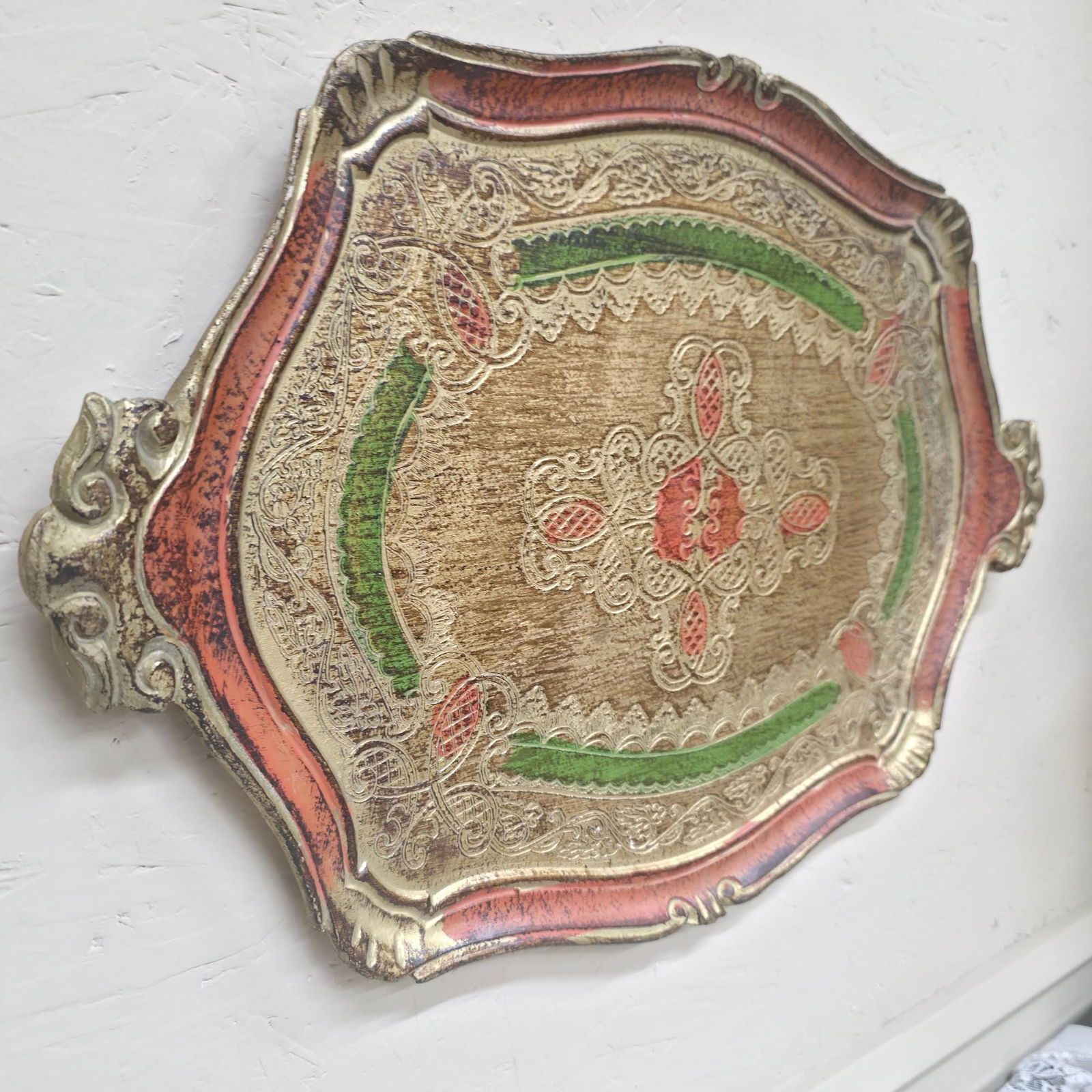 Vintage Florentine Tray 23" Hand Painted Server, Ornate Gold, Hollywood Regency Decor, Wall Hanging - 2