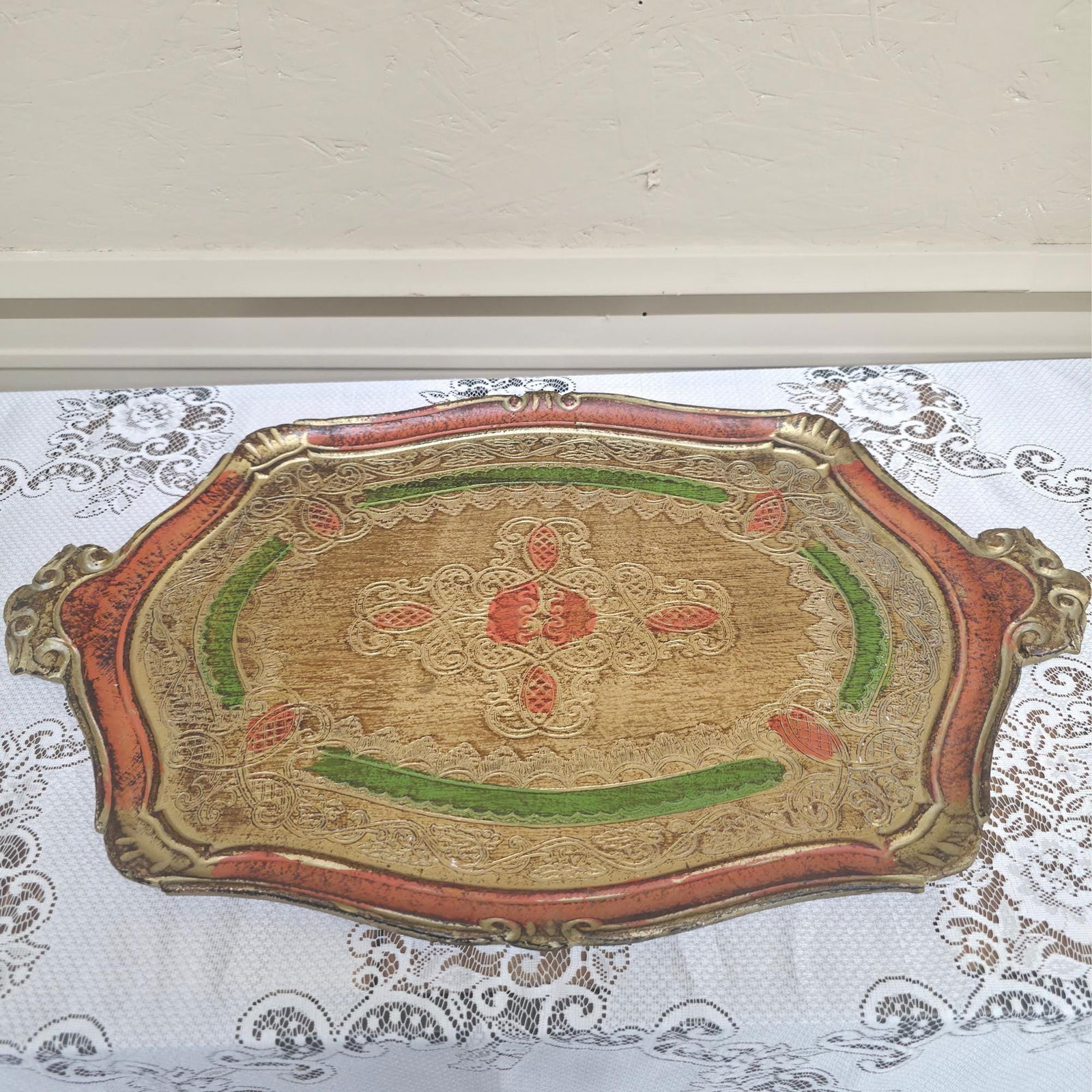 Vintage Florentine Tray 23" Hand Painted Server, Ornate Gold, Hollywood Regency Decor, Wall Hanging - 4