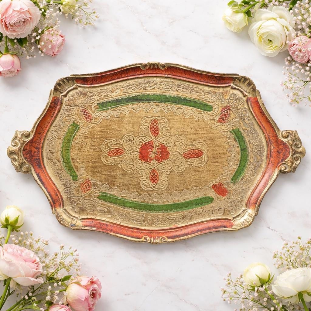 Vintage Florentine Tray 23" Hand Painted Server, Ornate Gold, Hollywood Regency Decor, Wall Hanging - 9