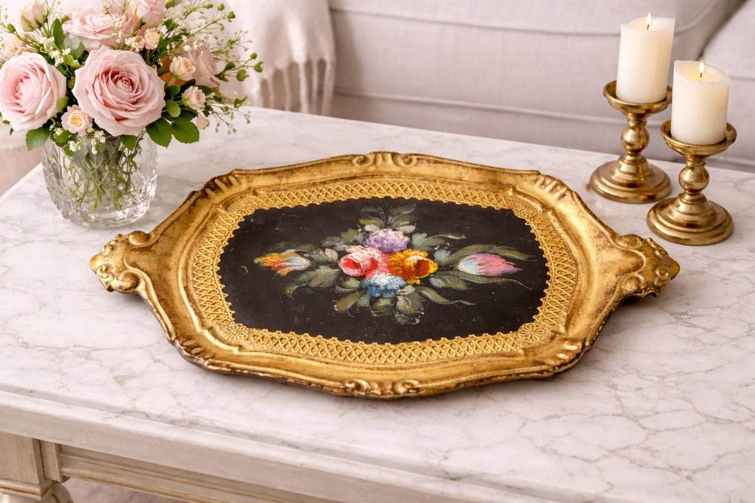 Vintage Florentine Tray, Italian Florentine Floral Serving Piece for Vanity Display, Wall Grouping - 10