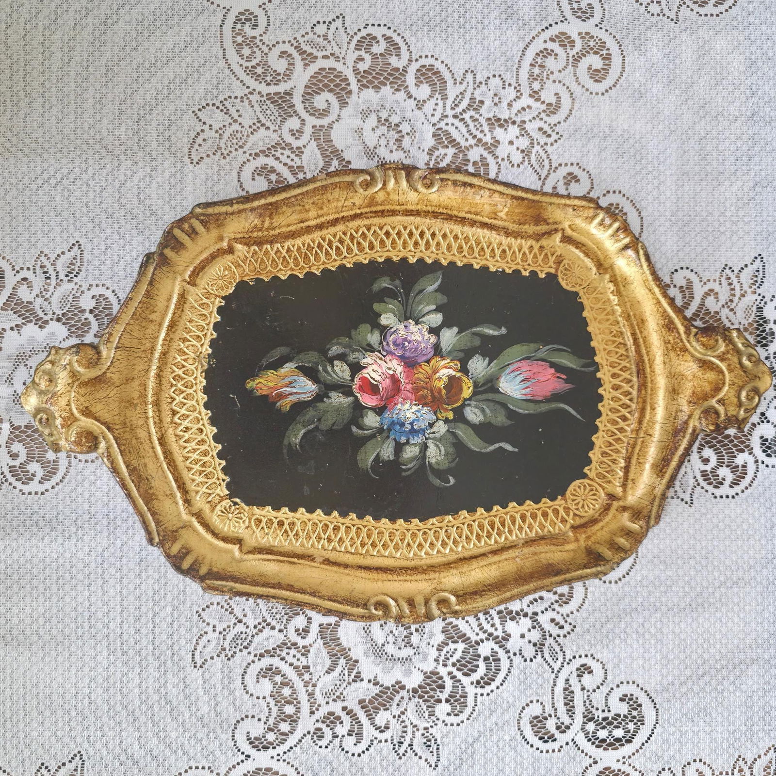 Vintage Florentine Tray, Italian Florentine Floral Serving Piece for Vanity Display, Wall Grouping (1 of 10)