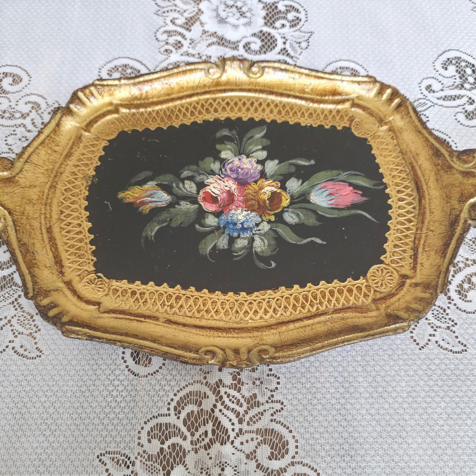Vintage Florentine Tray, Italian Florentine Floral Serving Piece for Vanity Display, Wall Grouping - 3