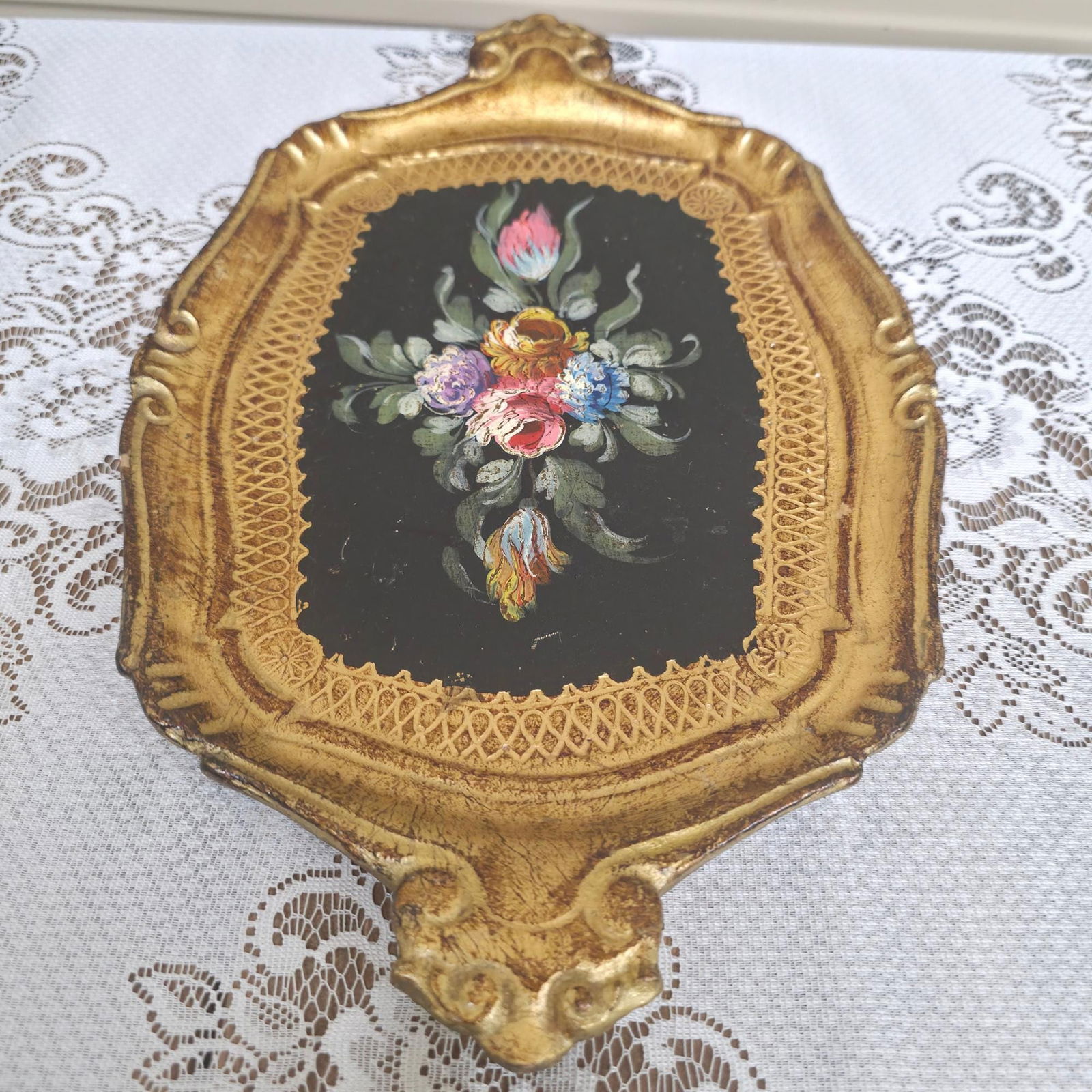 Vintage Florentine Tray, Italian Florentine Floral Serving Piece for Vanity Display, Wall Grouping - 4