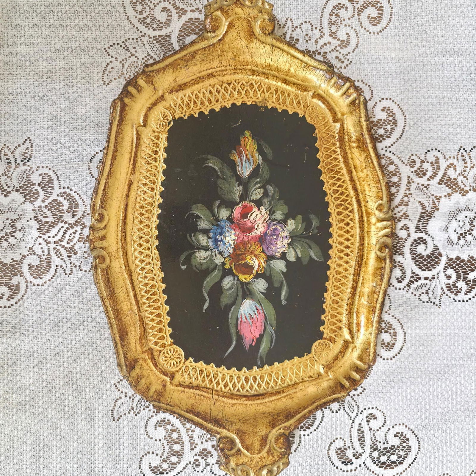 Vintage Florentine Tray, Italian Florentine Floral Serving Piece for Vanity Display, Wall Grouping - 6
