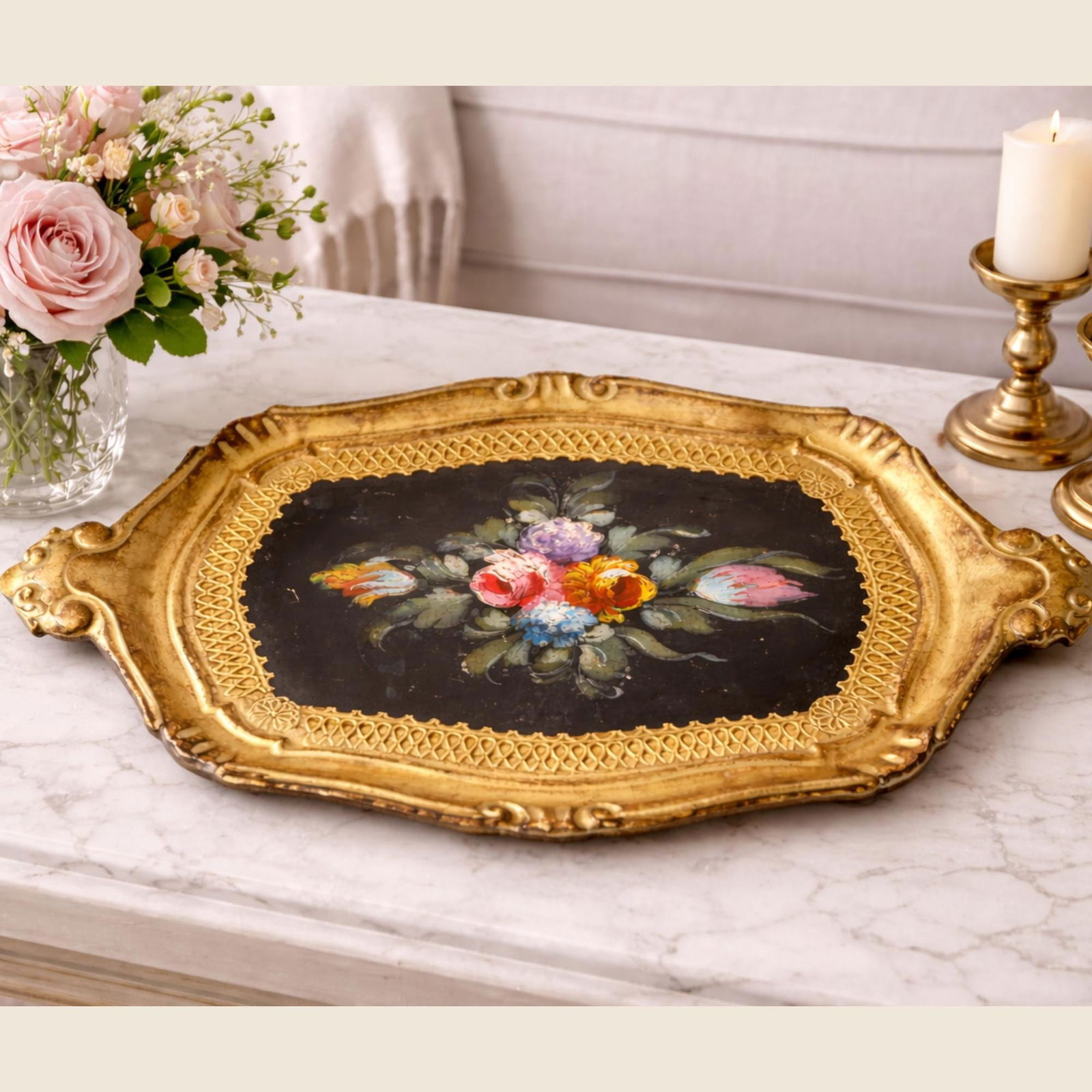 Vintage Florentine Tray, Italian Florentine Floral Serving Piece for Vanity Display, Wall Grouping - 7