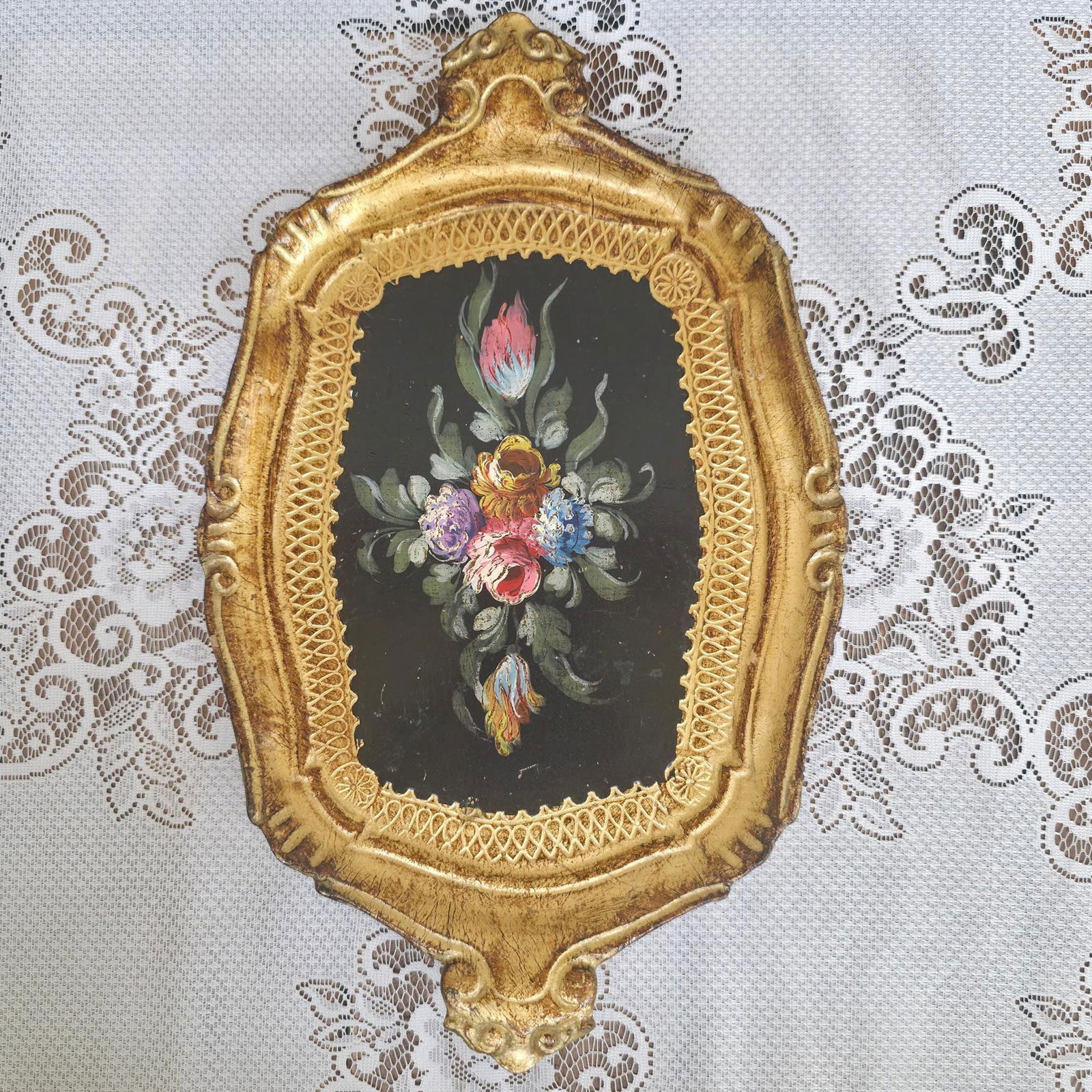 Vintage Florentine Tray, Italian Florentine Floral Serving Piece for Vanity Display, Wall Grouping - 9