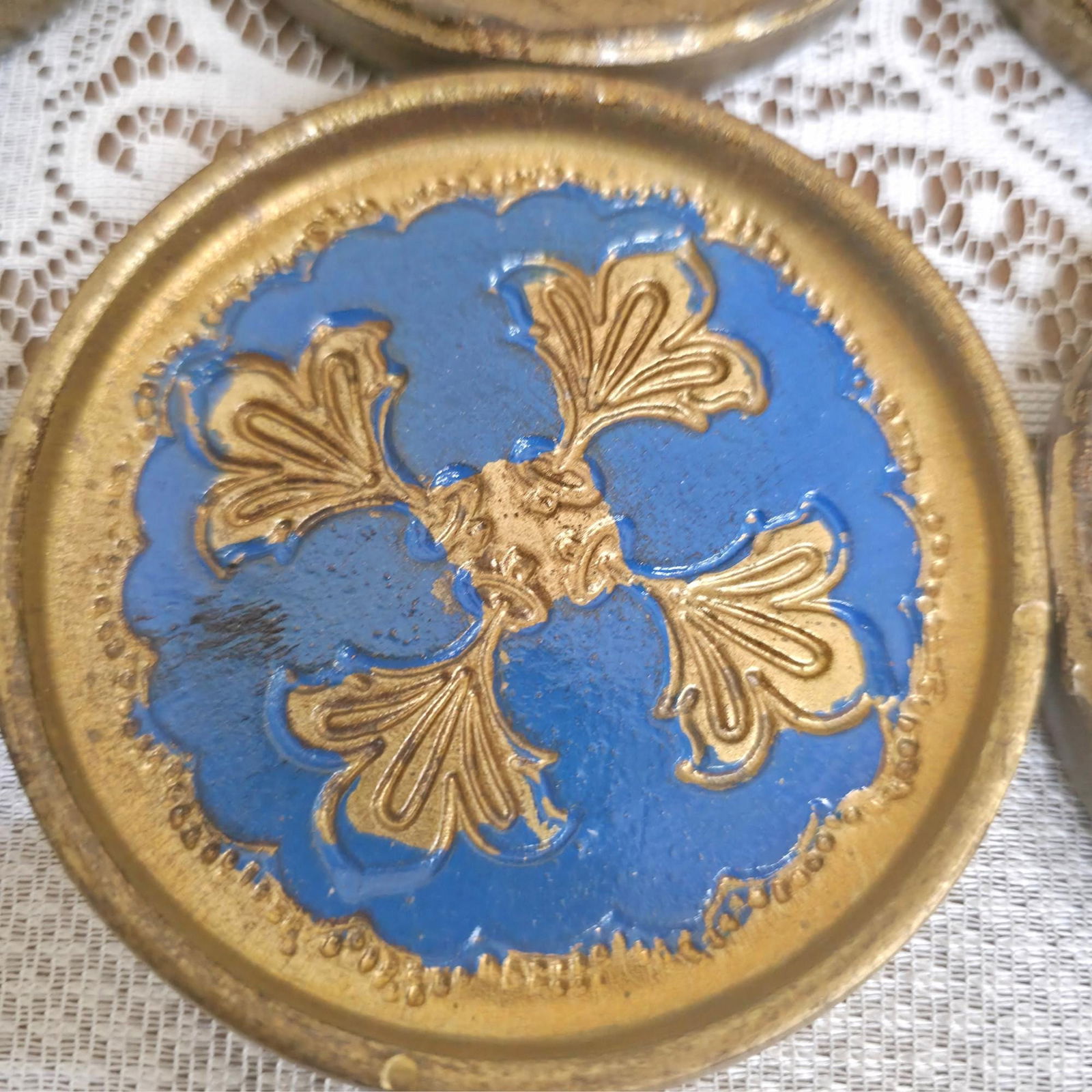 Vintage Italian Florentine Coasters Set of 9, 3.5â€ Giltwood Drink Coasters, Hand - 10