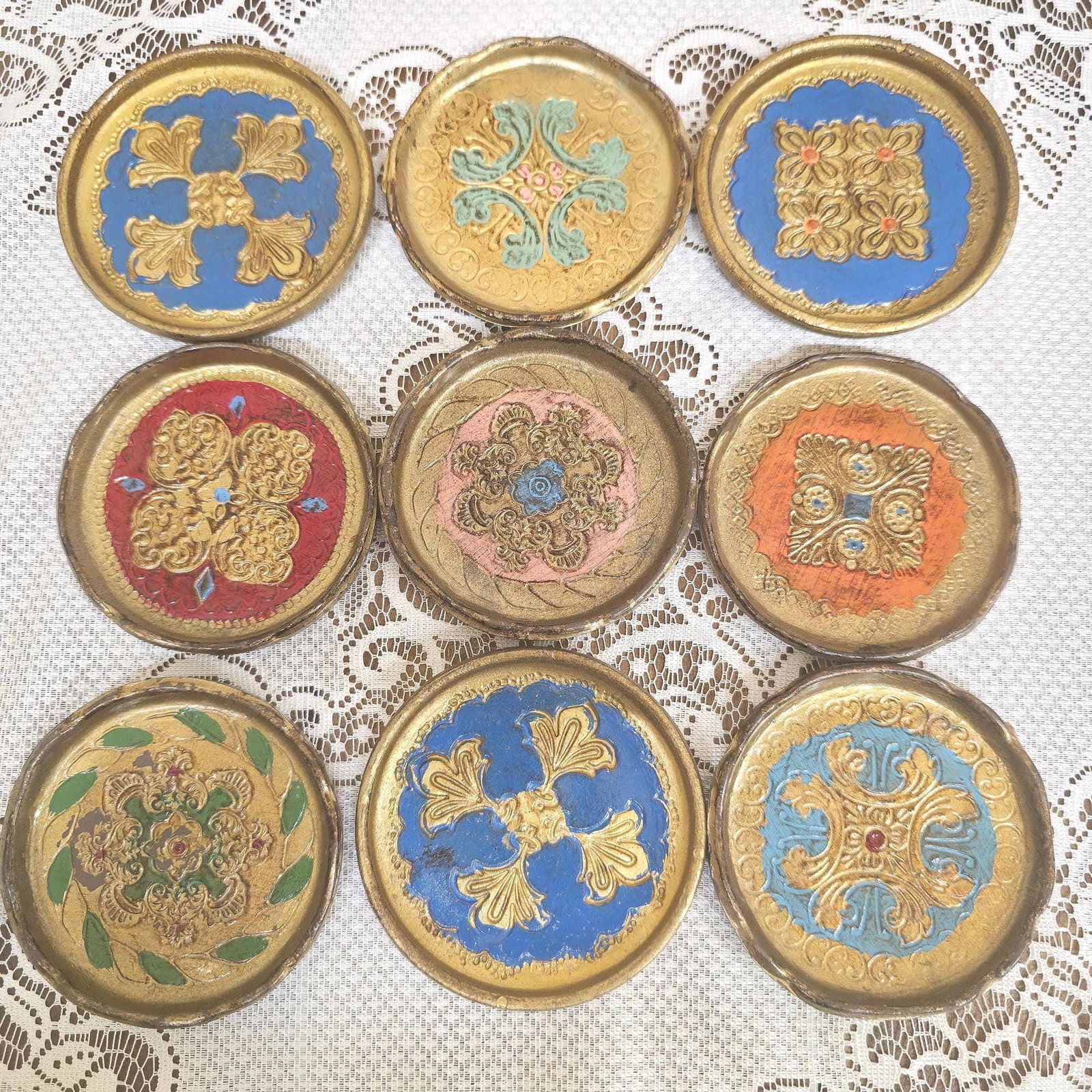 Vintage Italian Florentine Coasters Set of 9, 3.5â€ Giltwood Drink Coasters, Hand (1 of 10)