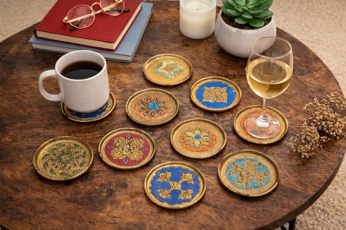 Vintage Italian Florentine Coasters Set of 9, 3.5â€ Giltwood Drink Coasters, Hand - 2