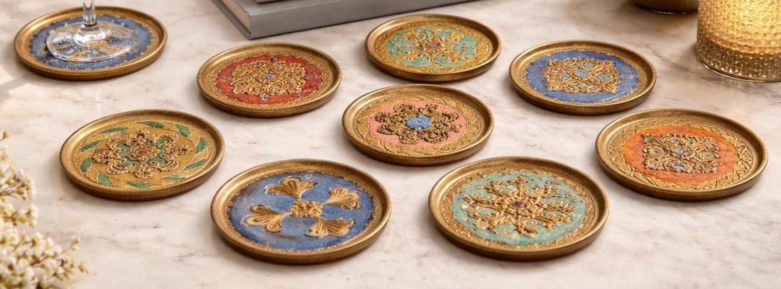 Vintage Italian Florentine Coasters Set of 9, 3.5â€ Giltwood Drink Coasters, Hand - 3