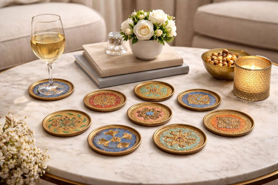 Vintage Italian Florentine Coasters Set of 9, 3.5â€ Giltwood Drink Coasters, Hand - 5