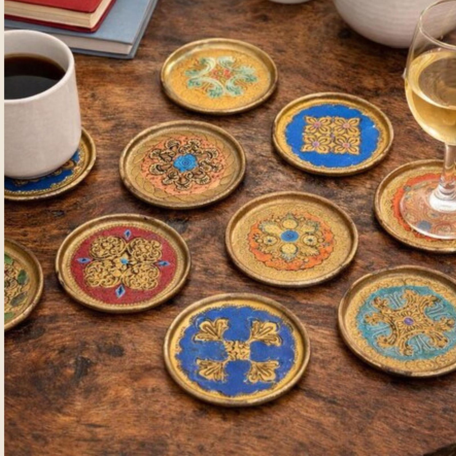 Vintage Italian Florentine Coasters Set of 9, 3.5â€ Giltwood Drink Coasters, Hand - 6