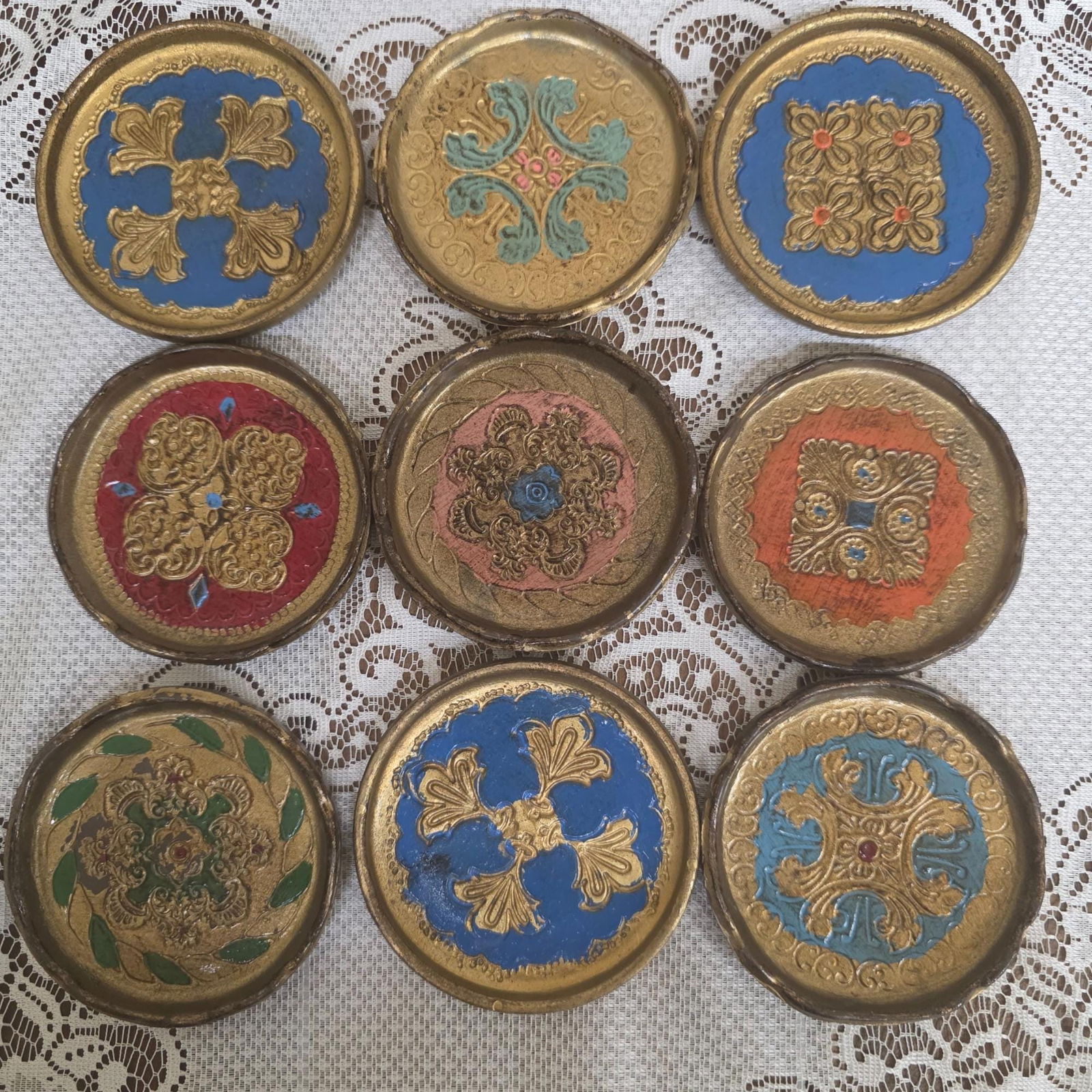 Vintage Italian Florentine Coasters Set of 9, 3.5â€ Giltwood Drink Coasters, Hand - 7