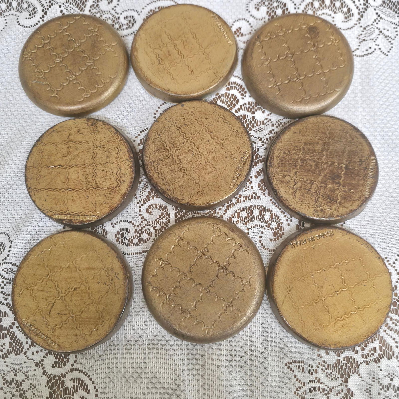 Vintage Italian Florentine Coasters Set of 9, 3.5â€ Giltwood Drink Coasters, Hand - 8