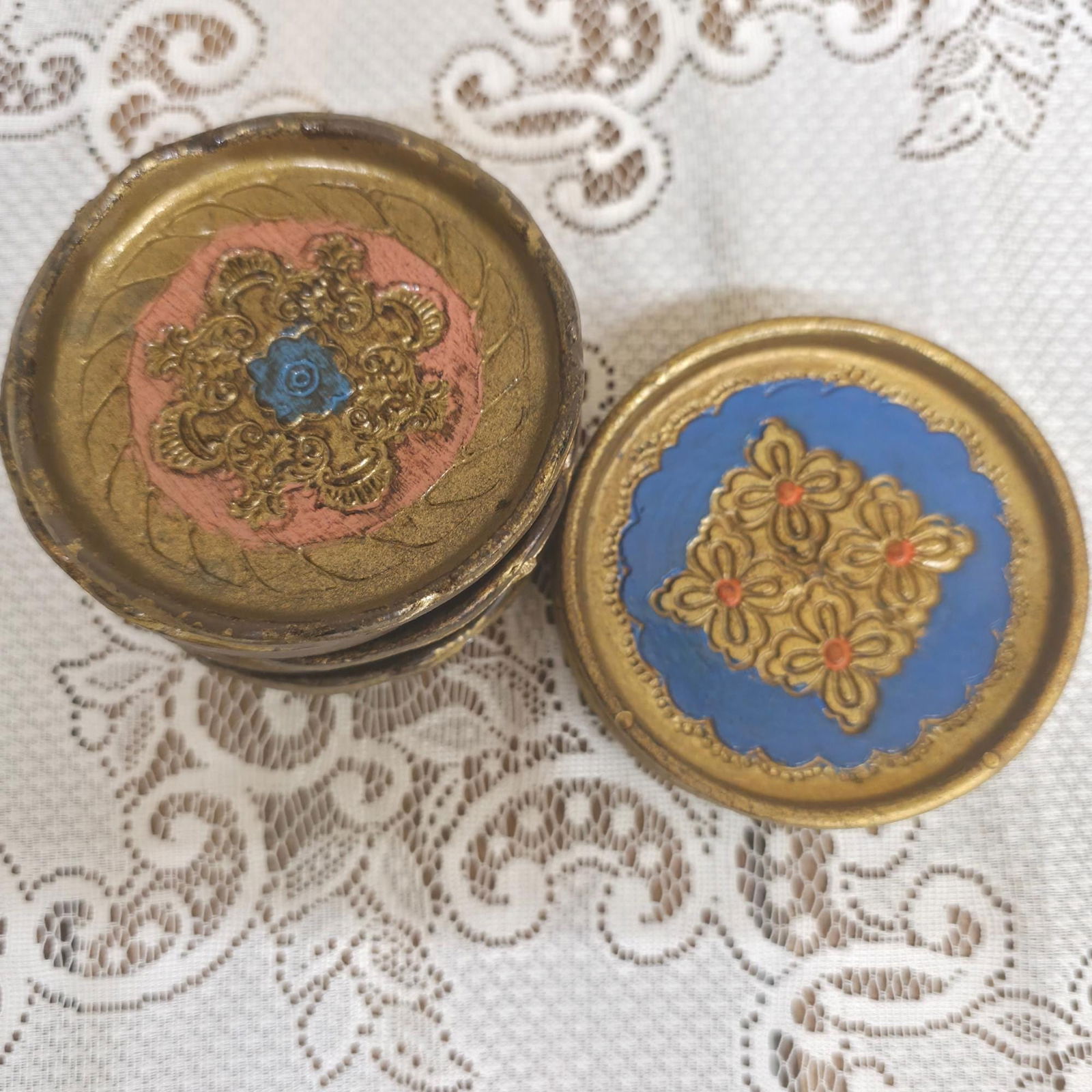 Vintage Italian Florentine Coasters Set of 9, 3.5â€ Giltwood Drink Coasters, Hand - 9