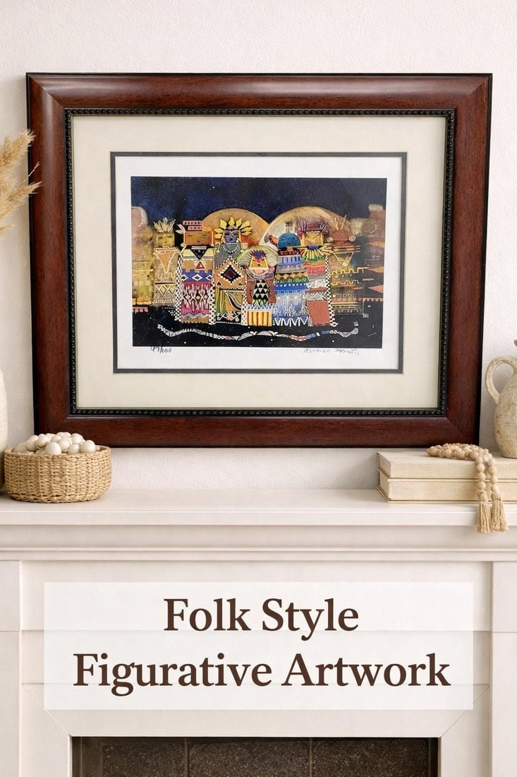 Vintage Print Framed Wall Art, Colorful Geometric Folk Style Figurative Artwork, Andrea Smith Dark - 10