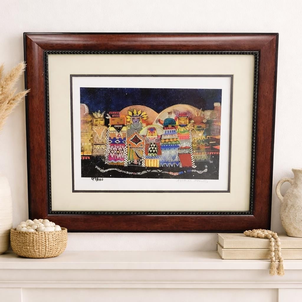 Vintage Print Framed Wall Art, Colorful Geometric Folk Style Figurative Artwork, Andrea Smith Dark: Title: Vintage Print Framed Wall Art, Colorful Geometric Folk Style Figurative Artwork, Andrea Smith Dark Wood Frame Signed Limited Edition Description: Signed & numbered limited-edition print by