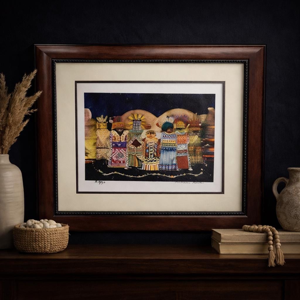 Vintage Print Framed Wall Art, Colorful Geometric Folk Style Figurative Artwork, Andrea Smith Dark - 2