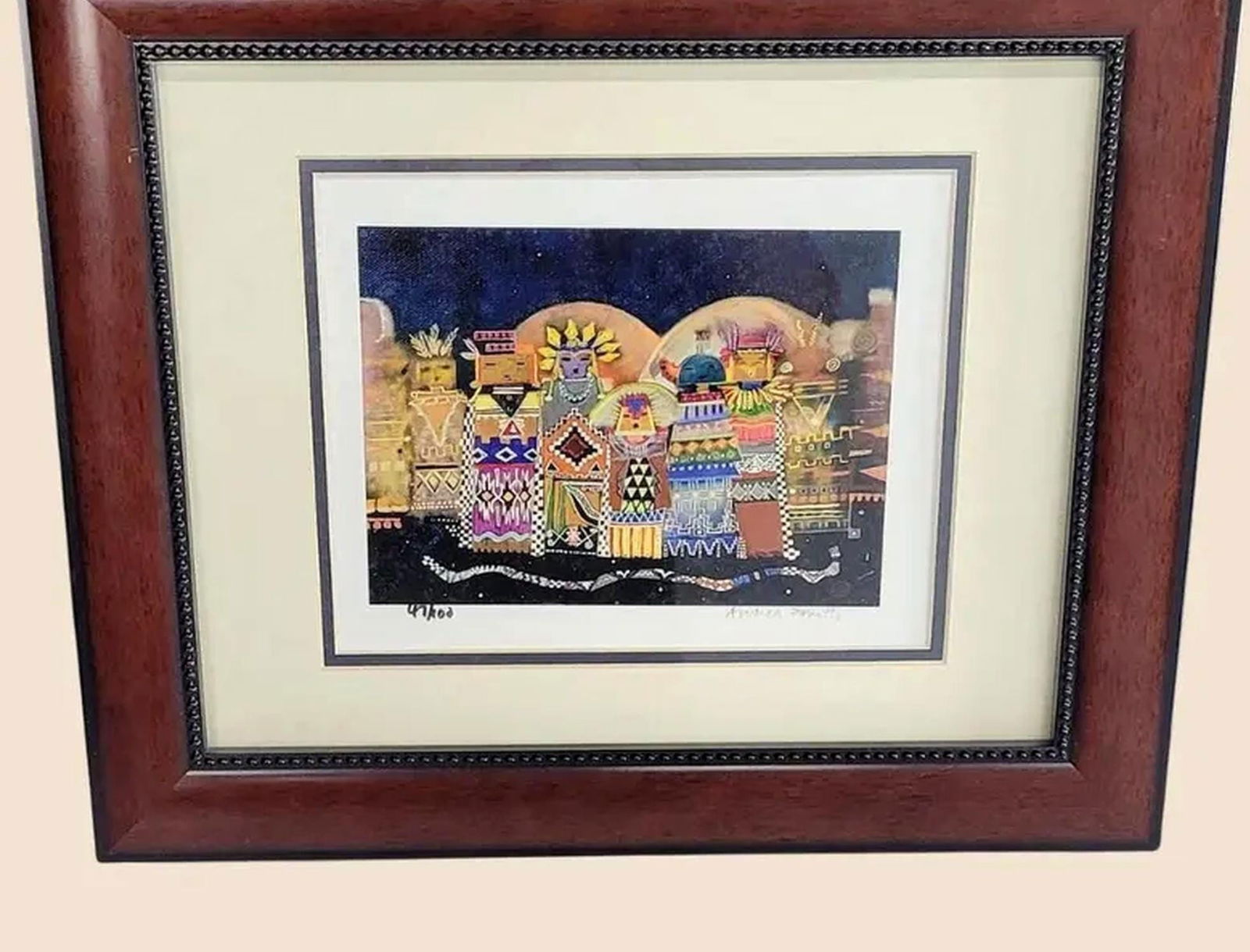 Vintage Print Framed Wall Art, Colorful Geometric Folk Style Figurative Artwork, Andrea Smith Dark - 4