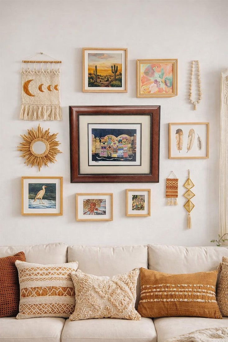 Vintage Print Framed Wall Art, Colorful Geometric Folk Style Figurative Artwork, Andrea Smith Dark - 7