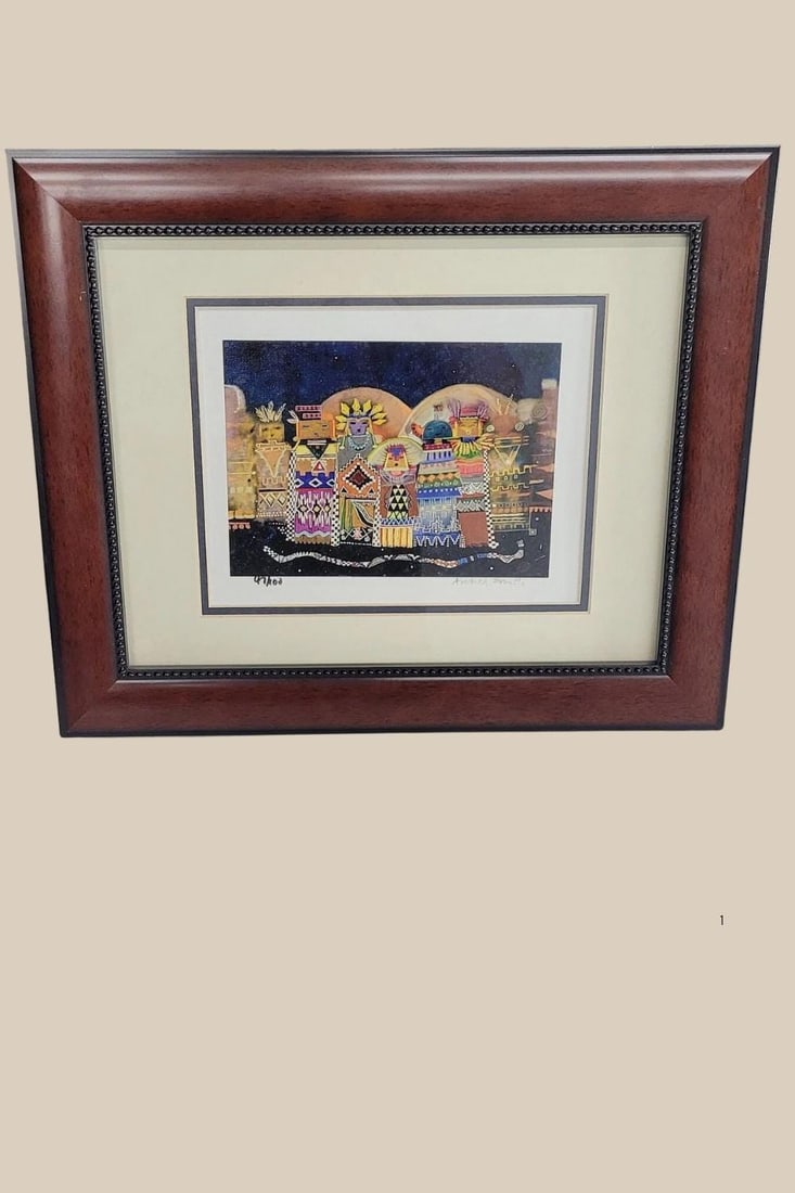 Vintage Print Framed Wall Art, Colorful Geometric Folk Style Figurative Artwork, Andrea Smith Dark - 9