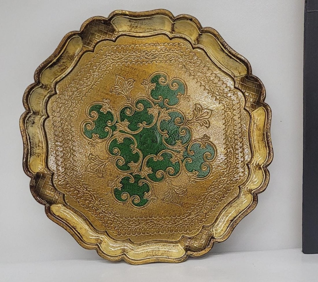 Vintage Italian Round Tray Green & Gold for Vanity or Bar cart, stamped Made in Italy, 13" - 2