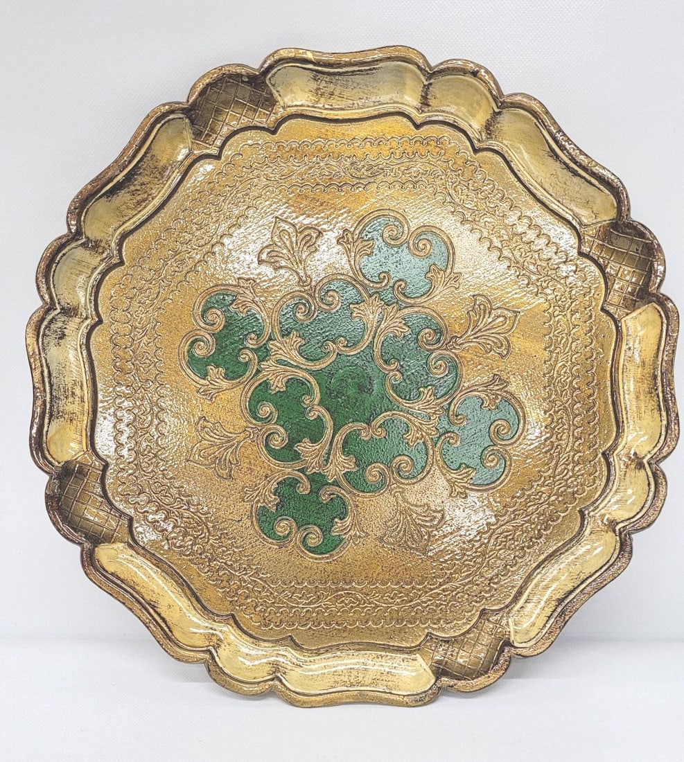 Vintage Italian Round Tray Green & Gold for Vanity or Bar cart, stamped Made in Italy, 13" - 4