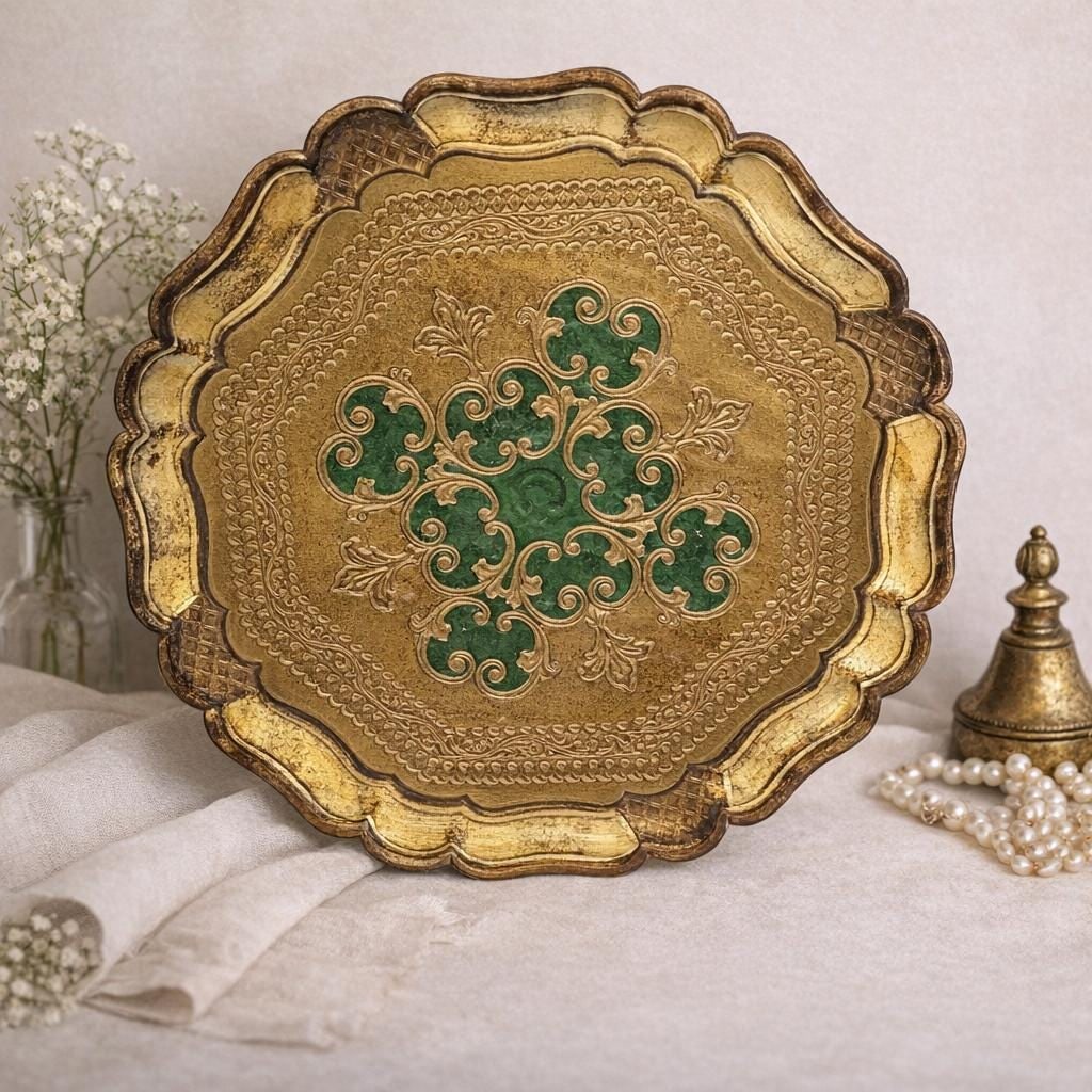 Vintage Italian Round Tray Green & Gold for Vanity or Bar cart, stamped Made in Italy, 13" - 6